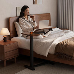 Solid Wood Overbed Bedside Table with Wheels, Tilting Adjustable Hospital Bed Ta
