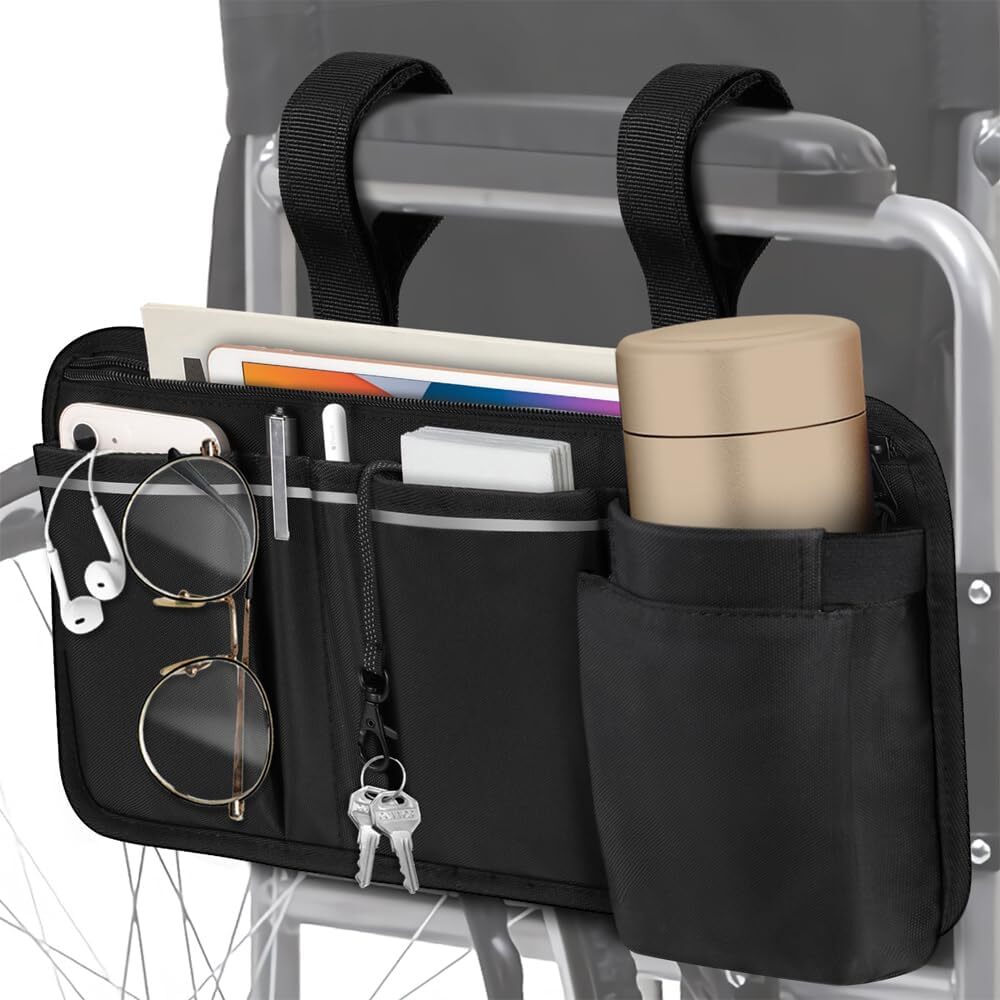 Wheelchair Side Storage Bag w/Cup Holder, Wheelchair Armrest Accessories Pouch