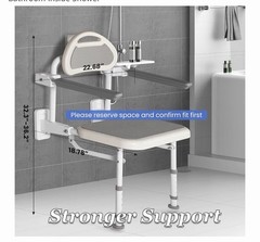 NEWTRY Wall-Mounted Folding Shower Seat w/ Armrests Back, 330 lb, White/Gray