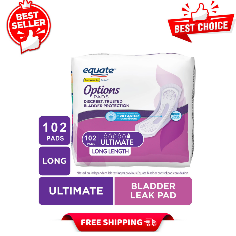 Equate Options Incontinence Pads for Women, Ultimate, Long, Unscented, 102 Count