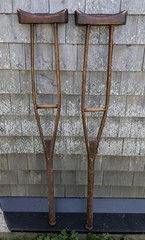 Vintage Handmade Wood Non-Adjustable Crutches Mottled Dark Patina About 48″ Tall