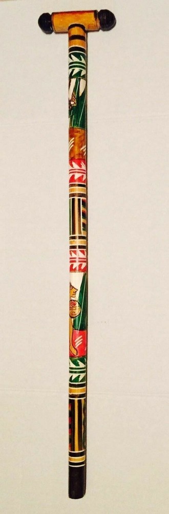 T Handle Hand Carved Painted Authentic Mexican Walking Cane Stick Staff Aztec #1