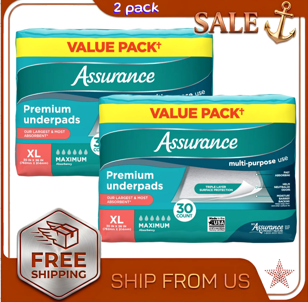 Assurance Premium Underpads XL Maximum Absorbency 30 Count 2 Pack Disposable Bed
