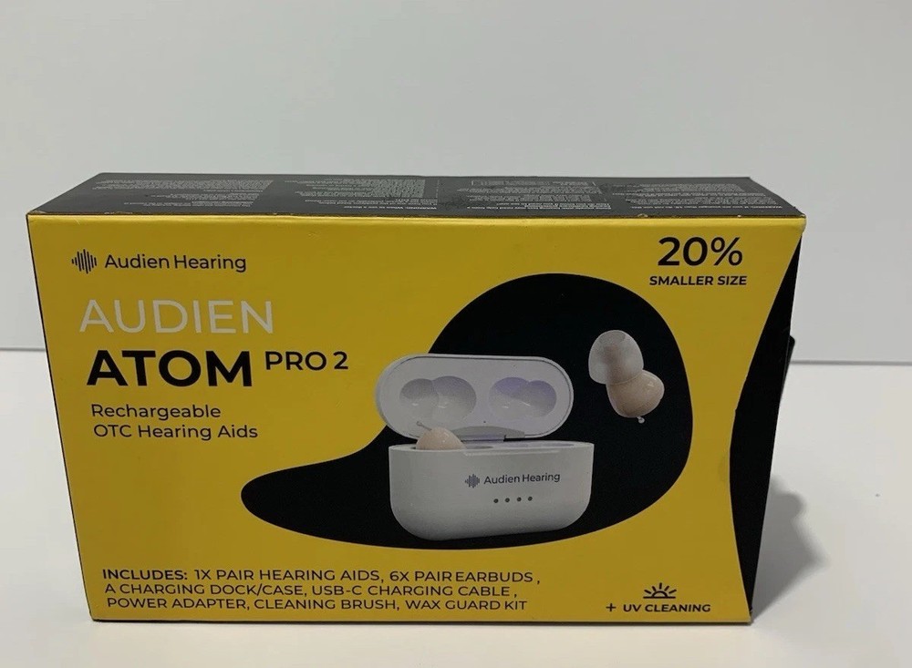 Audien Atom Pro 2 Rechargeable OTC Hearing Aids Open Box UV Cleaning
