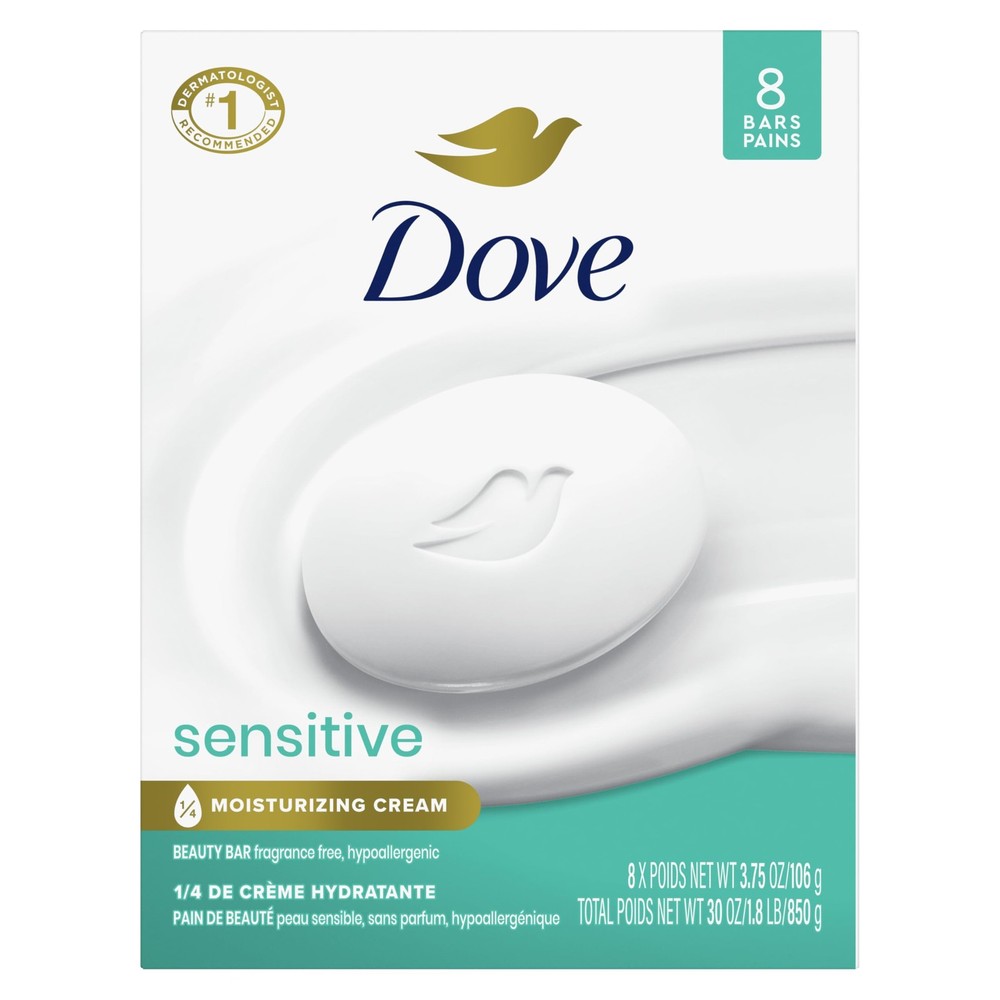 Dove Beauty Bar Soap Sensitive 8 Bars Fragrance Free Hypoallergenic 3.75 oz