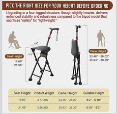 Holds 400 lbs Folding Cane w/ Seat | Durable Stable Walking | 19.69” Seat Height