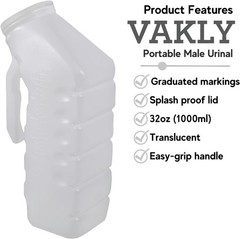 Vakly Male Urinal with Cover and Handle [2 Pack 32oz] Portable Translucent