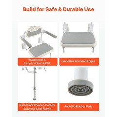 Uimoso Foldable Shower Chair Wall Mounted Shower Seat with Backrest & Armrest