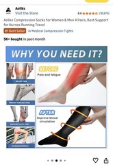 Compression Socks Black Knee High Graduated Support Nurse Running L/XL Aoliks