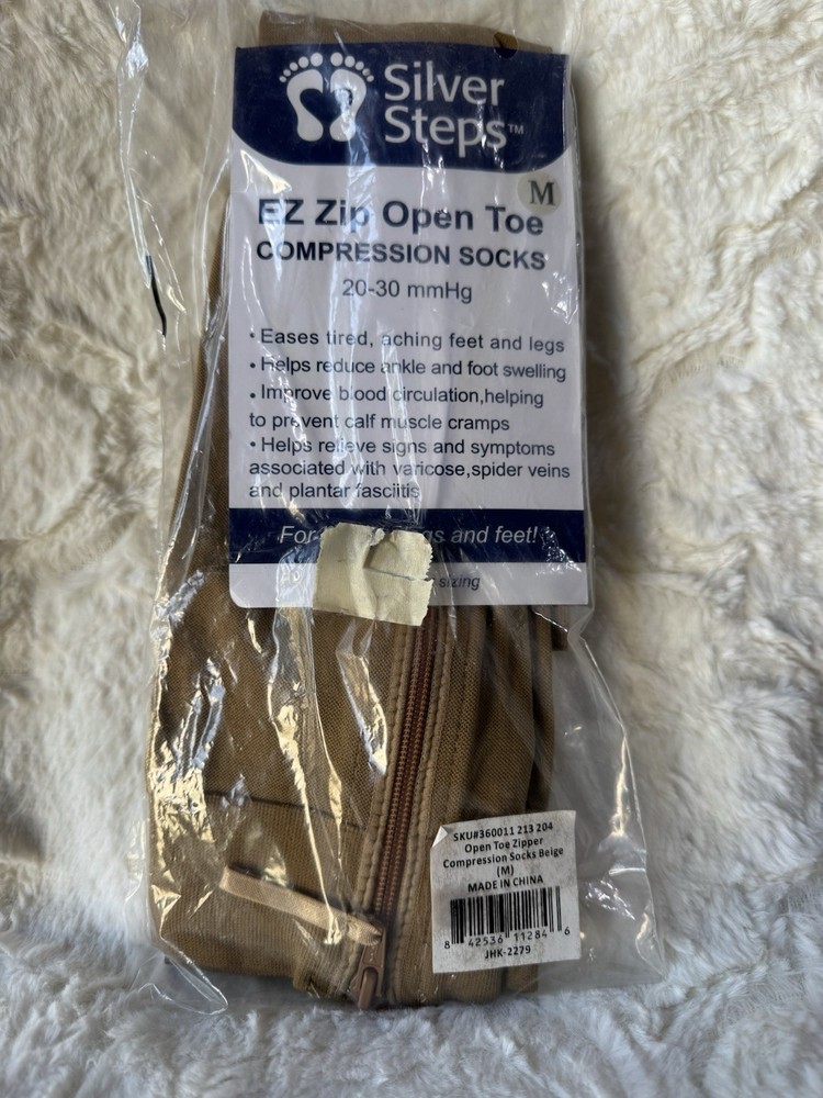 Silver Steps EZ Zip Open Toe Compression Socks 20-30mmHg, Beige Size M