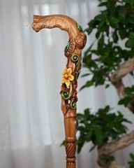 Flower field Elegant Light Wood Hand and Hand Painted Carved Walking Stick