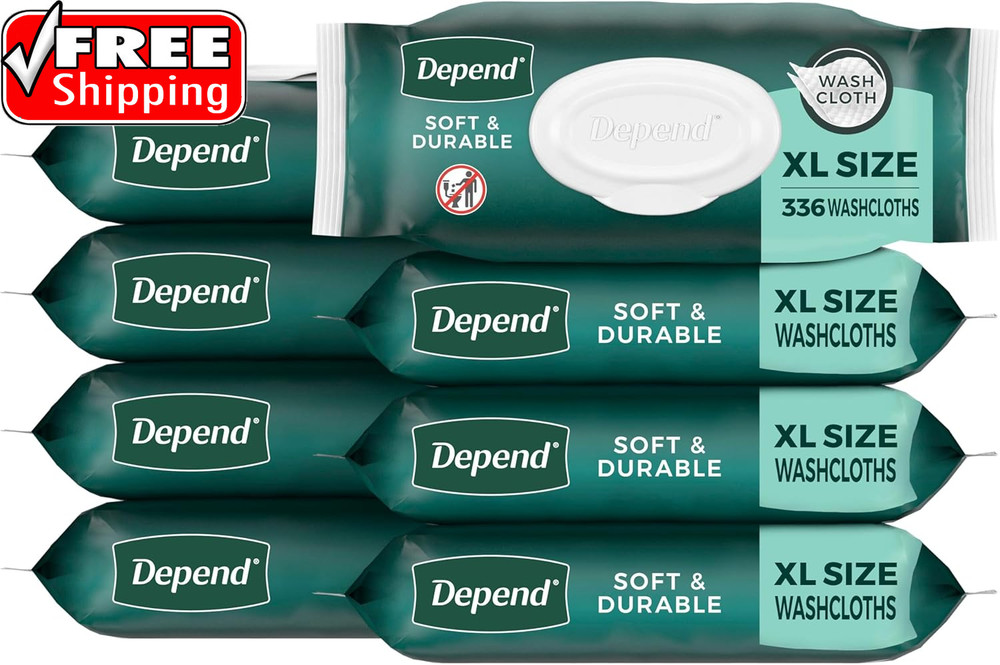 Depend XL Disposable Washcloths for Adults, 8 Flip-Top Packs, 42 Wipes per Pack