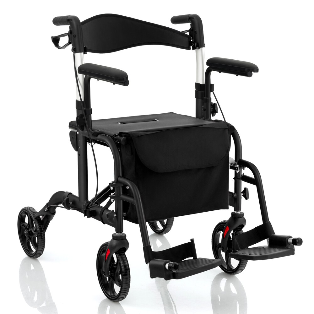 Costway Folding Rollator Walker w/Seat & 8″ Wheels Supports up to 300 lbs Black