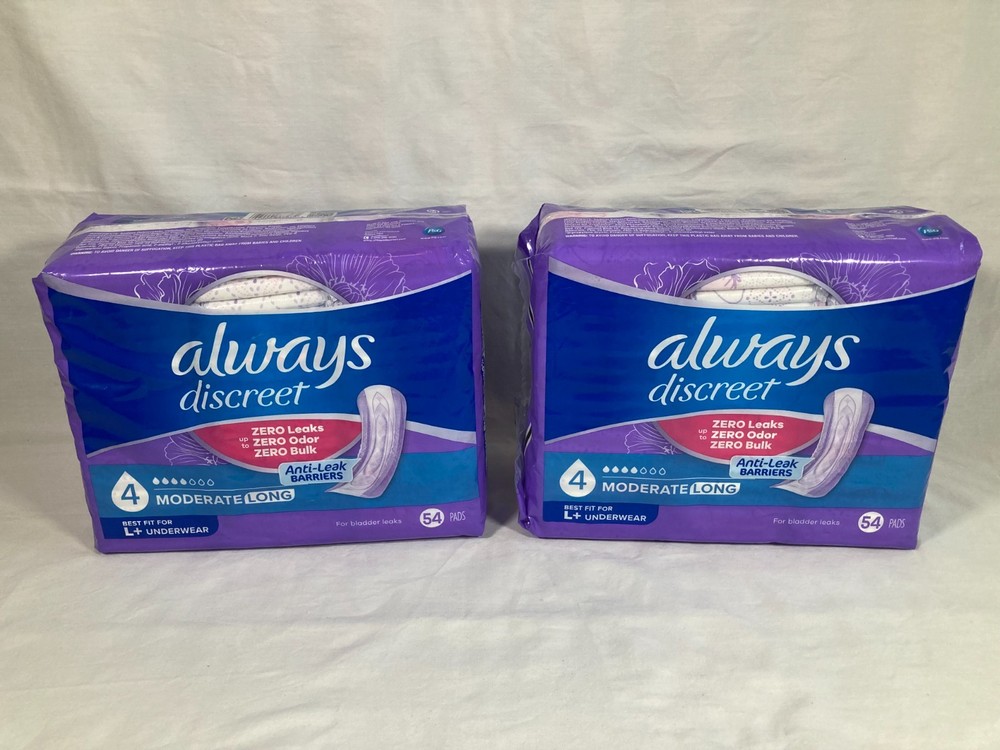 2 x 54 pads~ Always Discreet Moderate Long Absorbency 4 Drop Base Pads