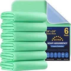 6 Pack 24” x 24” Extra Heavy Absorbency Washable Underpads, Waterproof Nursing
