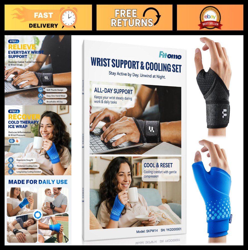 Wrist Brace & Ice Pack Wrap Set for Carpal Tunnel, Arthritis, Tendonitis Relief