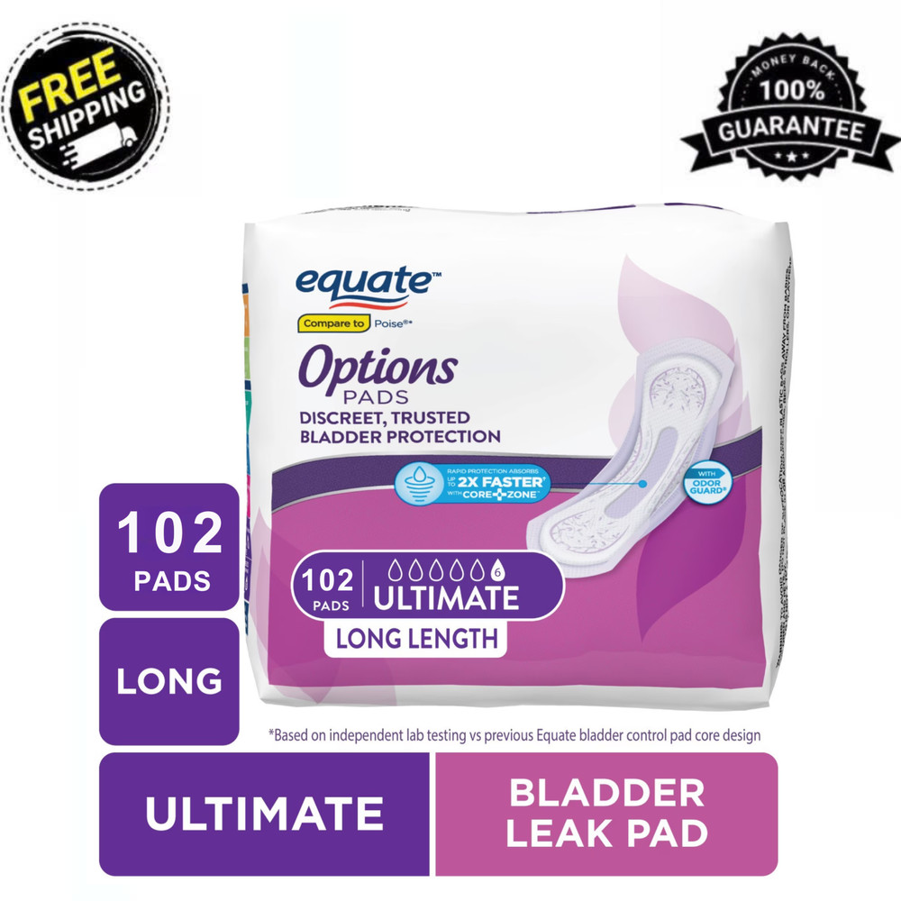 Equate Options Incontinence Pads Women Ultimate Absorbency Long 102 Count Total
