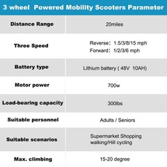700W Dual Motor 3-Wheel Foldable Senior Mobility Scooter 20 Miles / Battery