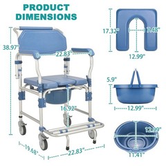 Irtme Bedside Commode Wheelchair with Drop Arms & Lockable Casters, Shower Chair
