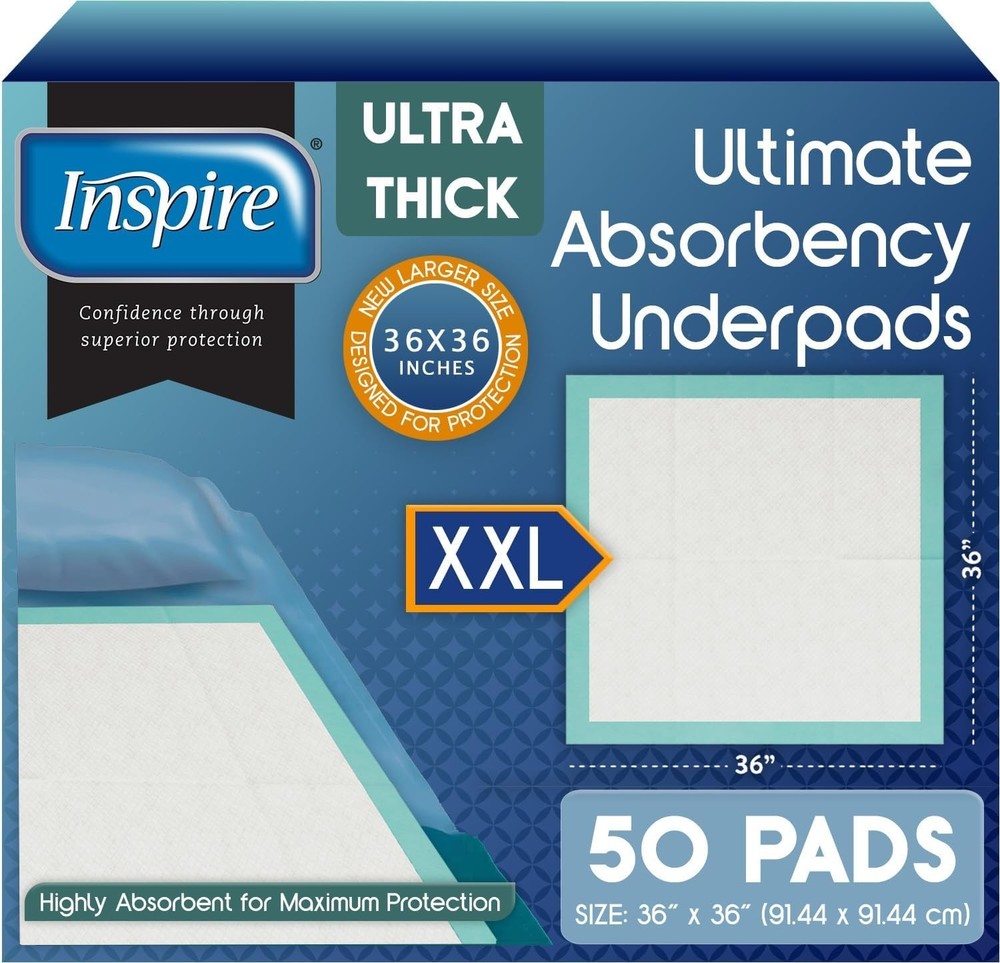 Inspire Ultimate Absorbency Disposable Underpads, 36″x36″, (50 Count)