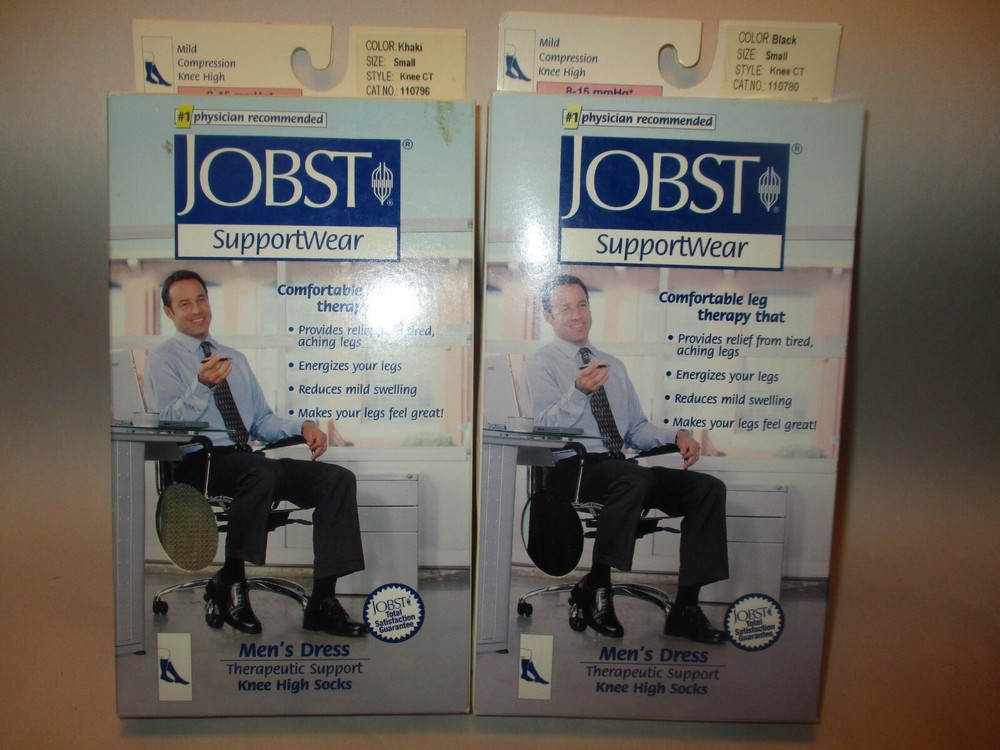 Lot 2 Pair Jobst Men Small Black/Khaki Knee High Support Compression Dress Socks