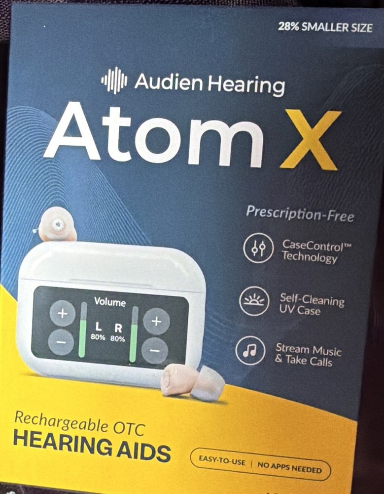 Audien Hearing Atom X ITC Rechargeable Bluetooth Hearing Aids w/ Case Beige