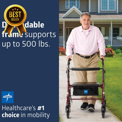 Heavy Duty Bariatric Rollator Walker Large Steel Frame 500 lb Capacity Adjustabl