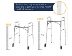 2-Wheel Aluminum Walking Frame Walker, Adjustable Height 32-39 in, 350 lb