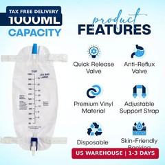 Leg Bag Urinary Drainage Bag 3-Pack, 1000ml – Includes 3×18″ Tubing, Anti-Reflux
