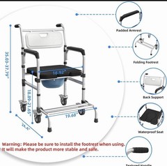 4-in-1 Adjustable Height Bedside Commode or Shower Chair w/ Wheels, 350 lb