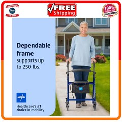 Medline Lightweight Folding Walker with 6 Inch Wheels 250lb Capacity Blue