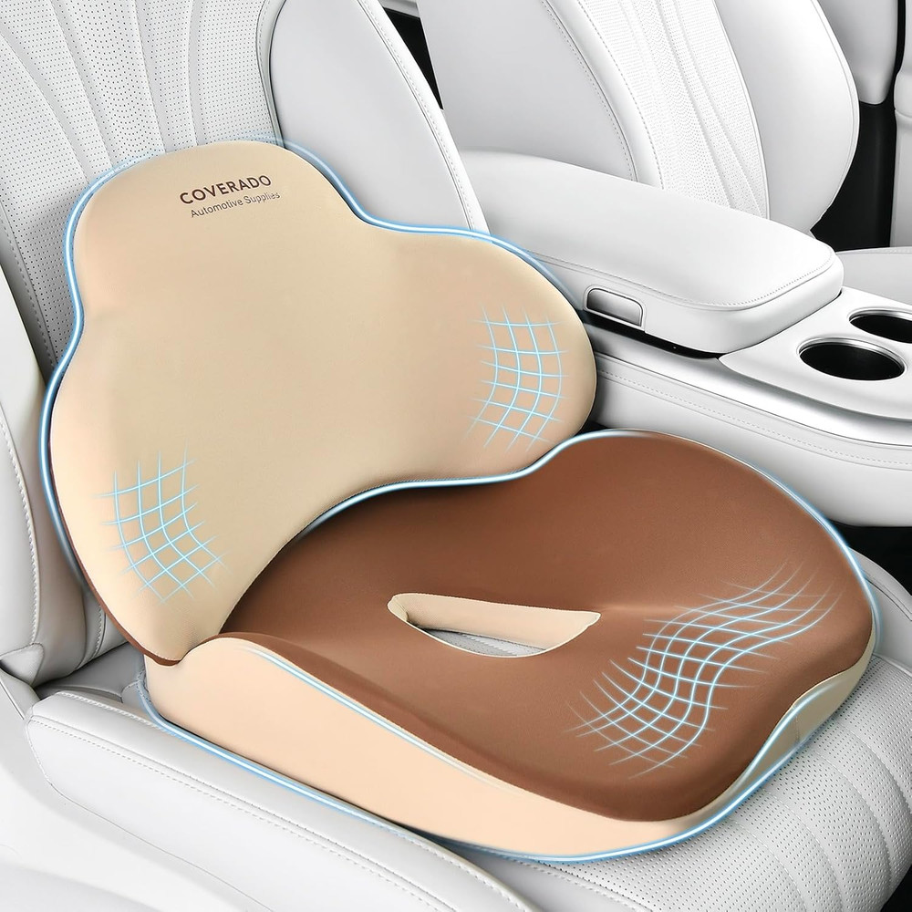 Car Seat Cushion and Lumbar Support Pillow, Memory Foam Ergonomic Back Support D