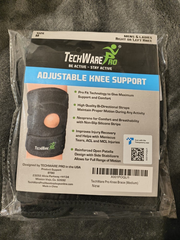 TechWare Pro Adjustable Non-Slip Open Patella Knee Brace Support Size M Black