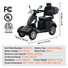 Heavy Duty 4-Wheel Mobility Scooters 31 Miles 3-Speed 800W 500Lbs Capacity
