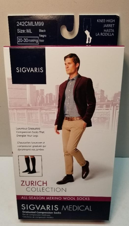 Sigvaris 242CMLM99-All Season Merino Wool Socks Black Knee Men’s ML 20-30mmHg