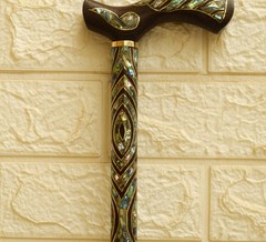 Handmade Abalone Shell Walking Cane – Wood & Brass Inlaid Walking Stick 36″