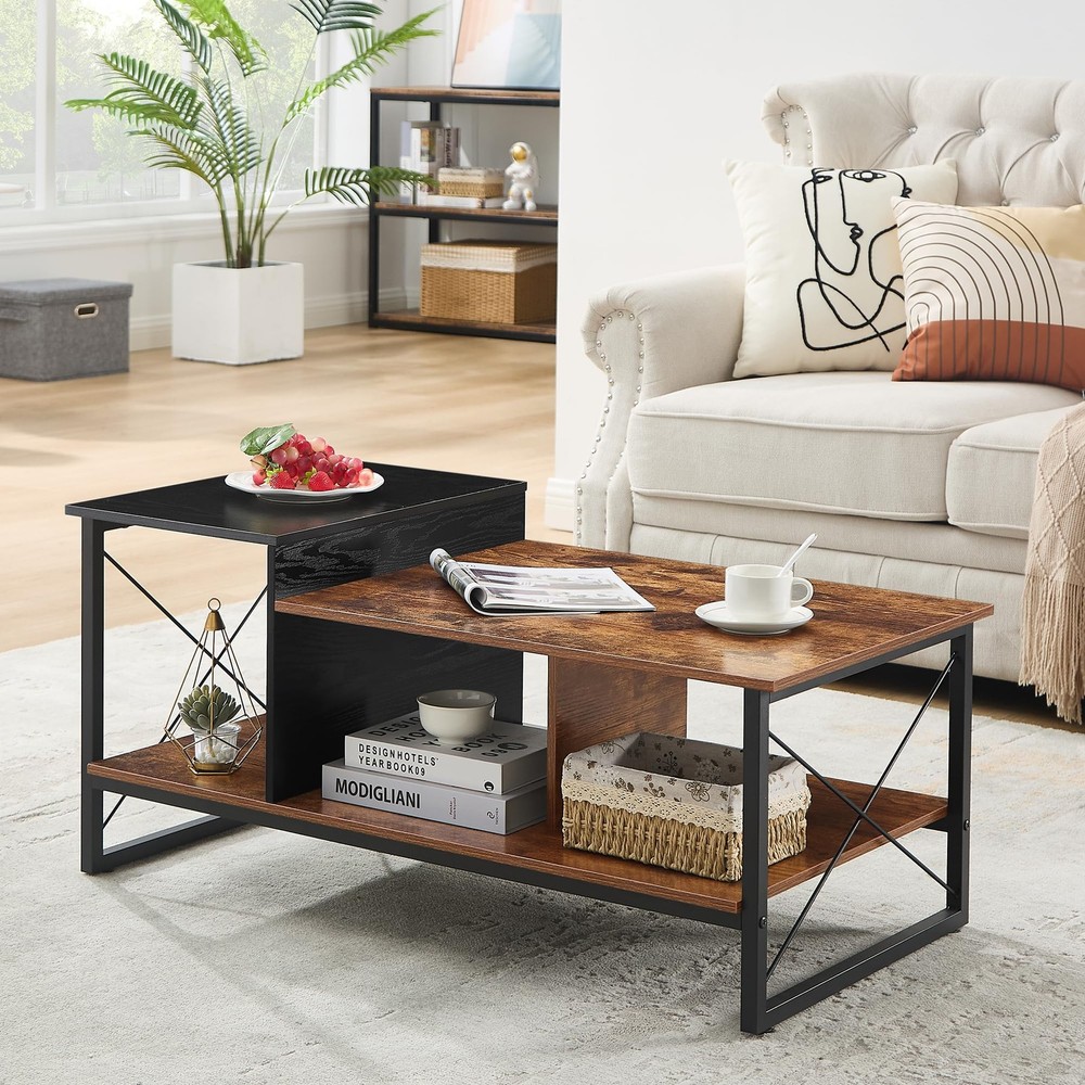 Vecelo Wood 2-Tier Black Coffee Table Storage Shelf For Living Room/Office