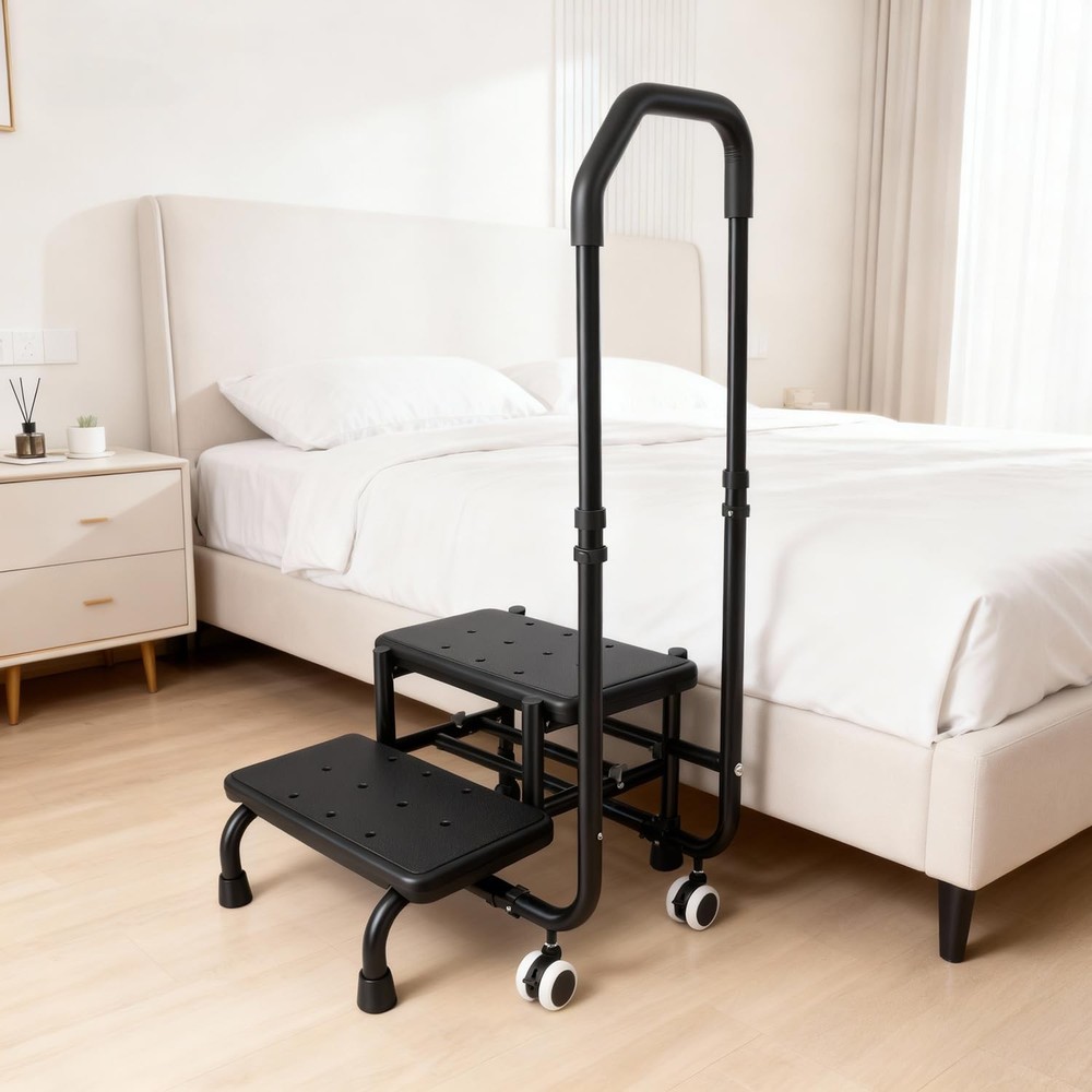2 Step Stool with Handrail & 2 Casters for Elderly, Bed Steps for High Beds f…