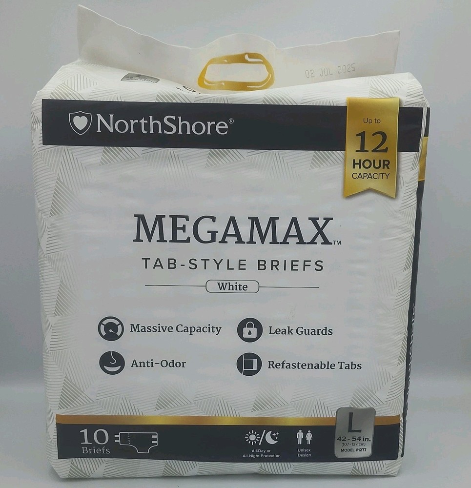 NorthShore MegaMax Adult Diapers Tab-Style Briefs Large 42–54” 10 Count White