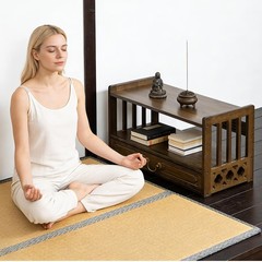 Birdfba Floor Table Altar 2-Tier Meditation Table Drawers Bamboo Coffee Table