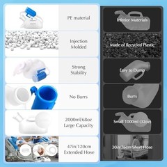 Portable Urinal for Men Spill Proof 2000ml 47.2 Inch Tube Reusable Male Pee
