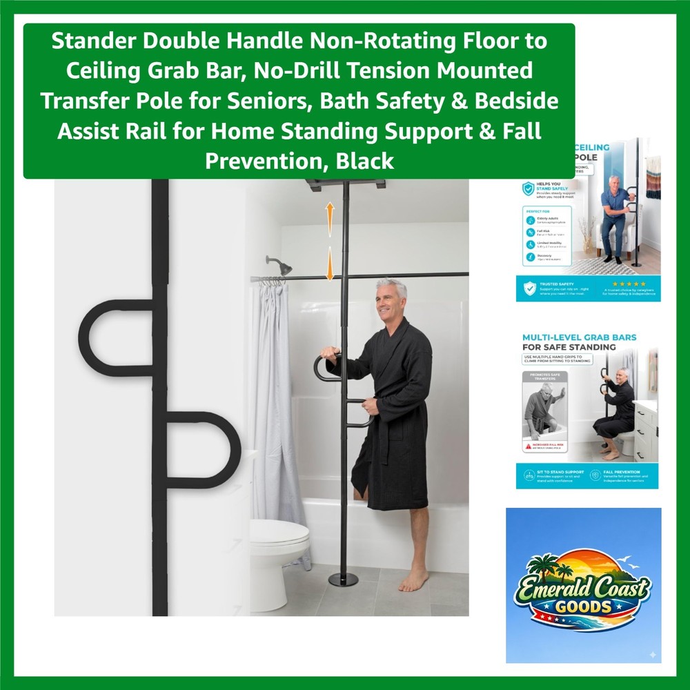 Double Handle Non-Rotating Floor to Ceiling Grab Bar, No-Drill Tension Mounte…
