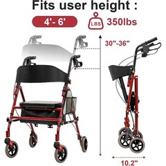 Foldable Rollator Walker 350 lb Capacity w/ 19″ Seat & 6″ Wheel Rolling Walker