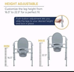 Foldable Bedside Commode Chair, Adjustable Height 16.5-22.5in, Lid, Bucket, Gray