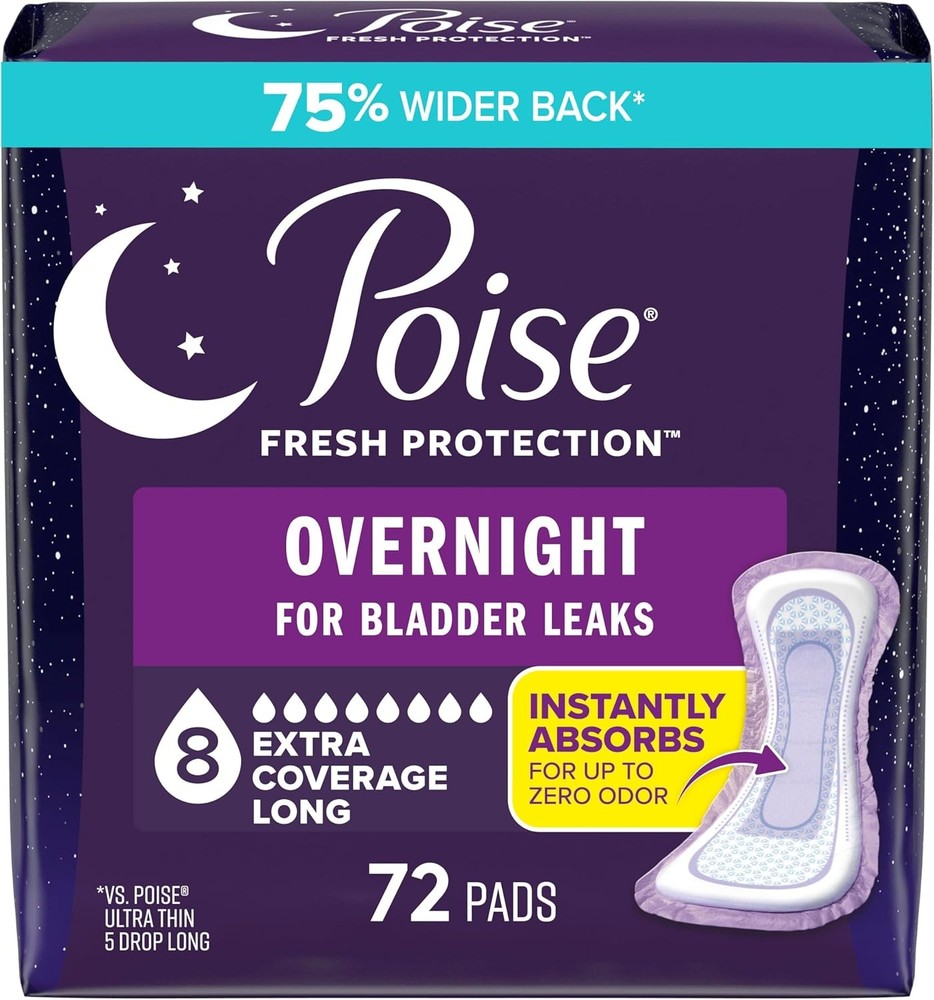 Poise Overnight Incontinence Pads, 8 Drop Absorbency, 72 Count Total