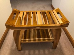 Solid Teak Shower Bench w/Shelf Arms Scandinavian Vibe Bath Spa Safety Seat 24″