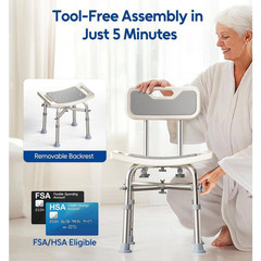 16.5 In. W Adjustable Height Aluminum Shower Chair in Gray for Elderly and Disab