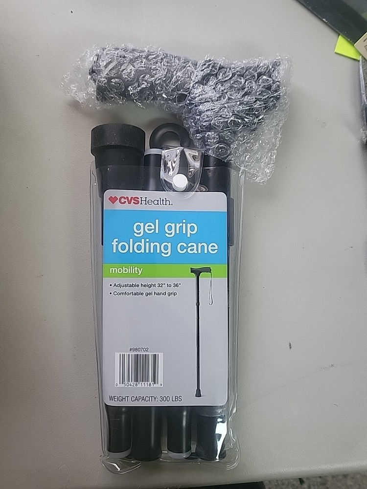 Health Gel Grip Folding Cane, Max Weight Cap Black And Silver New In Package