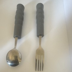 Ergonomic Grip Spoon and Fork Set Gray Plastic Stainless Steel Handles