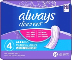 Always Discreet Incontinence Pads Moderate Absorbency Long Length 54 Count